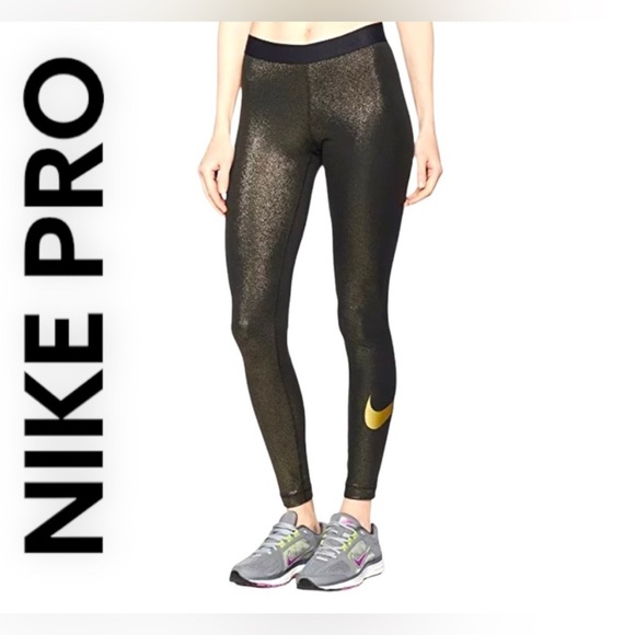 Nike Pro Dri Fit Sparkle Metallic Leggings Workout Black & Gold Size XS - Picture 1 of 9